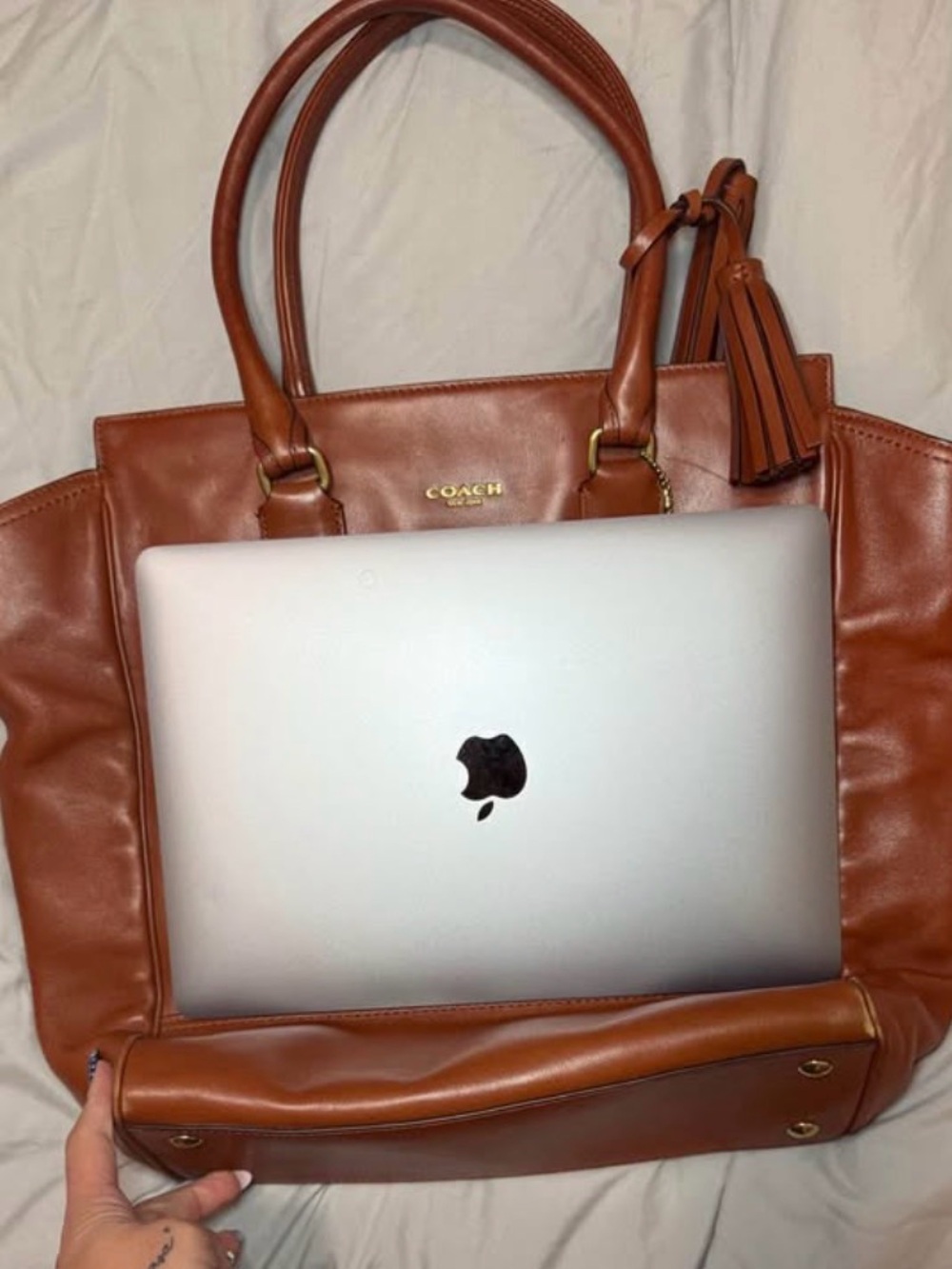 COACH Cognac Brown Leather Tote with Tassel Charm - Picture 7 of 7